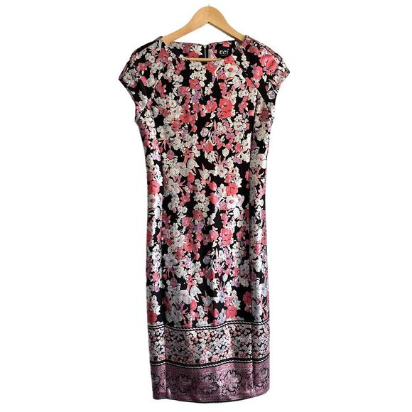 NWT Eci New York Metallic Silver Pink Floral Print Stretch Dress Workwear Size 4 - Picture 1 of 7